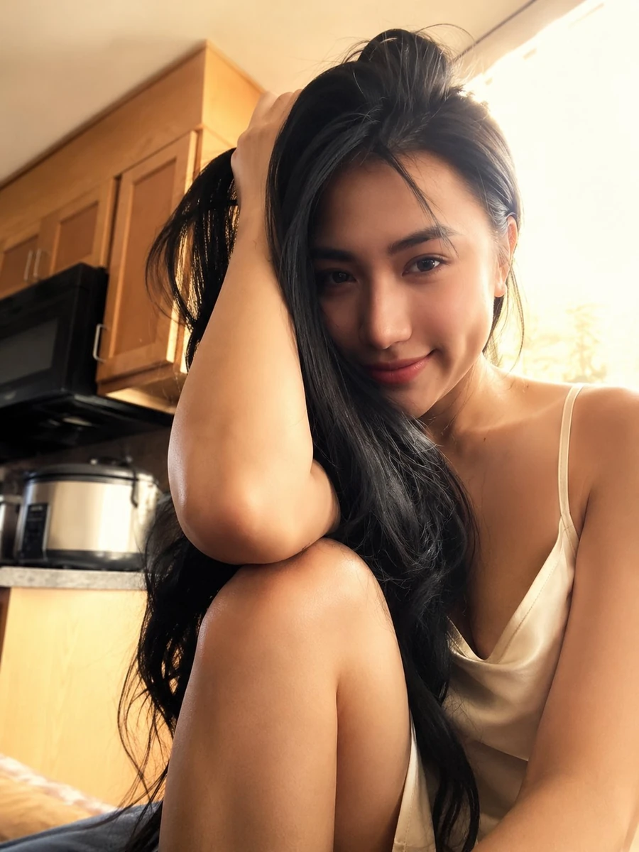 Ultra-realistic lifestyle portrait of a beautiful young East Asian woman...