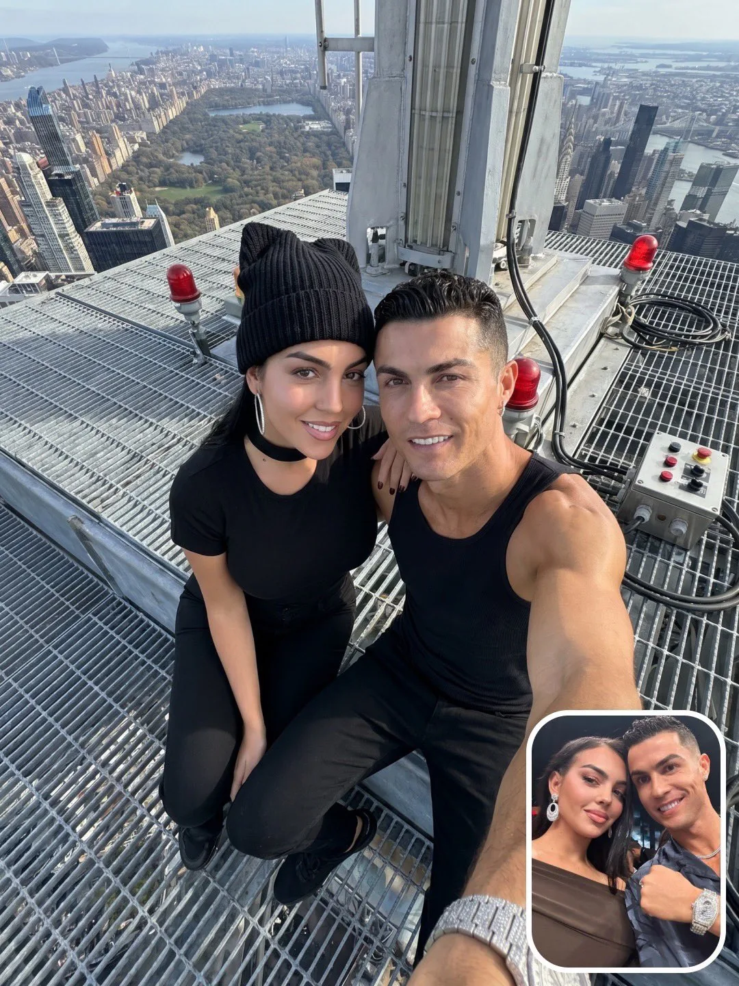 A hyper-realistic, ultra-detailed rooftop selfie on the top maintenance p...