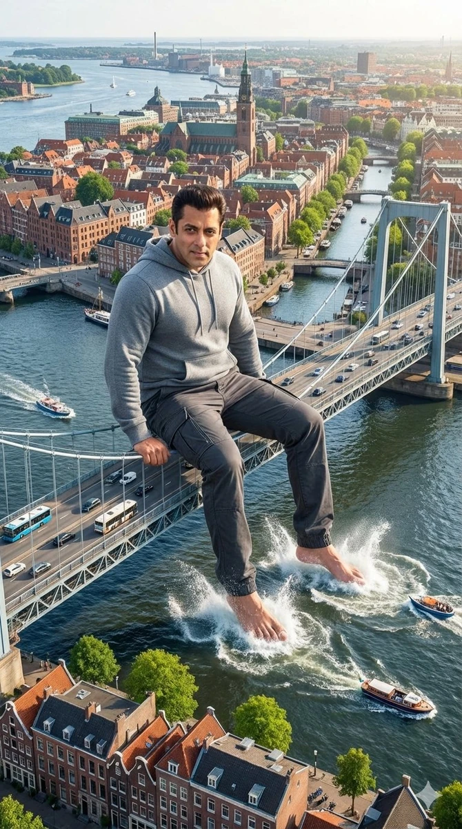 A hyper-realistic, wide-angle aerial shot of a giant Salman Khan sitting...
