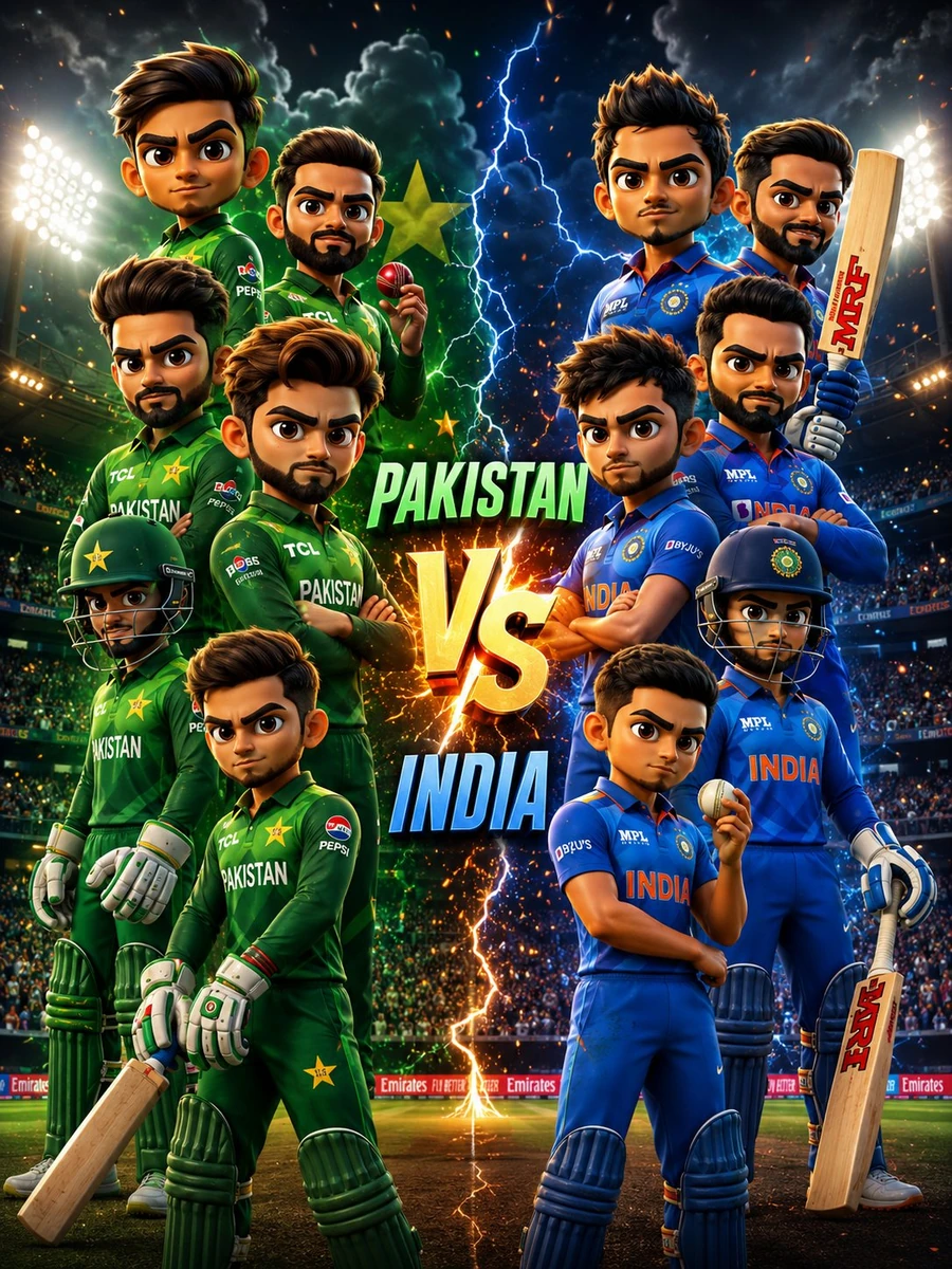 A cinematic stylized 3D Pixar-style Pakistan vs India cricket rivalry pos...