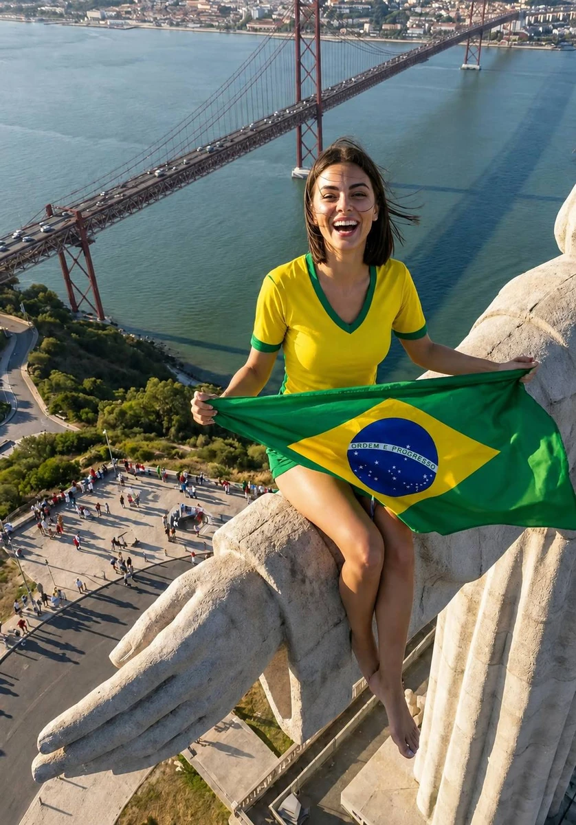 Young Brazilian woman with shoulder-length dark hair, bright smile, weari...