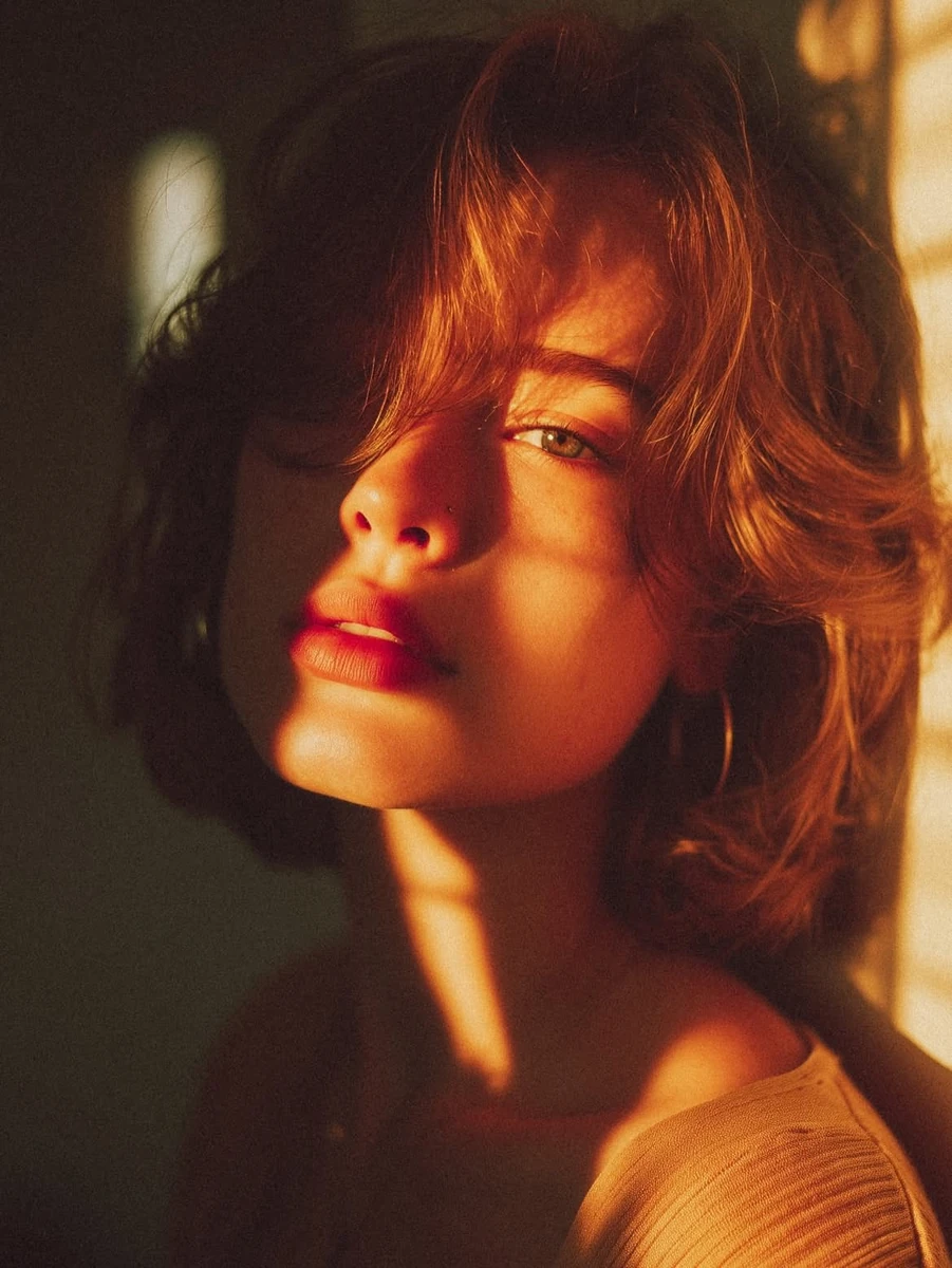 Cinematic close-up portrait of a beautiful woman with short wavy brunette...