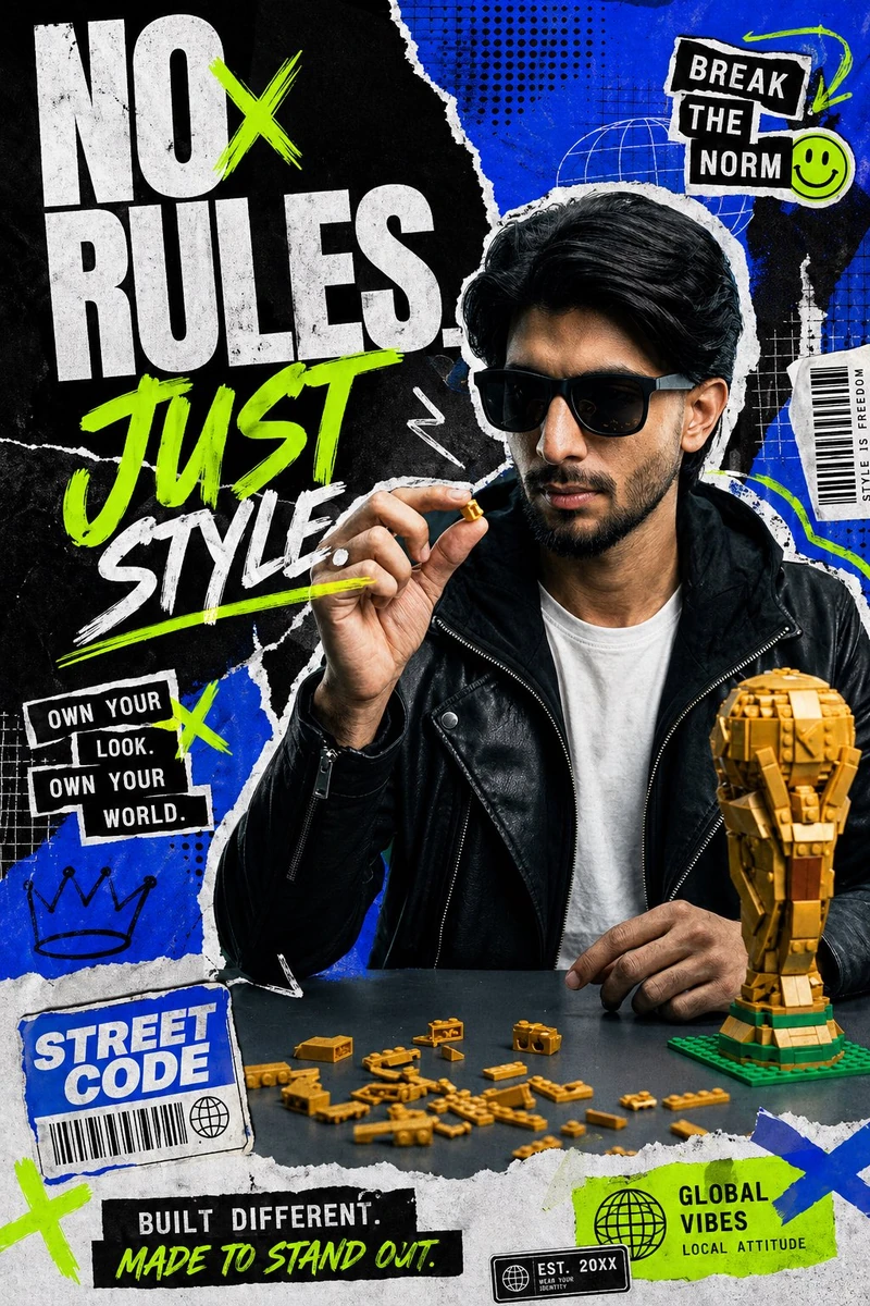 Use my uploaded image as the main subject. Turn it into a bold streetwear...