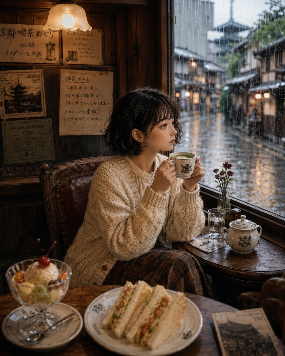 Ultra realistic Japanese woman sitting inside a vintage Kyoto café during...