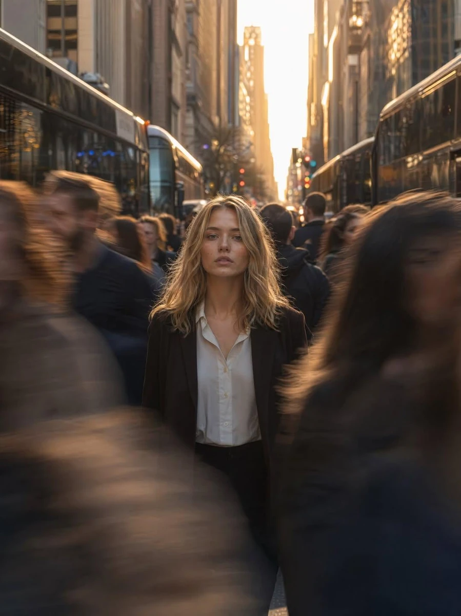 A cinematic urban street scene at golden hour featuring a young woman sta...