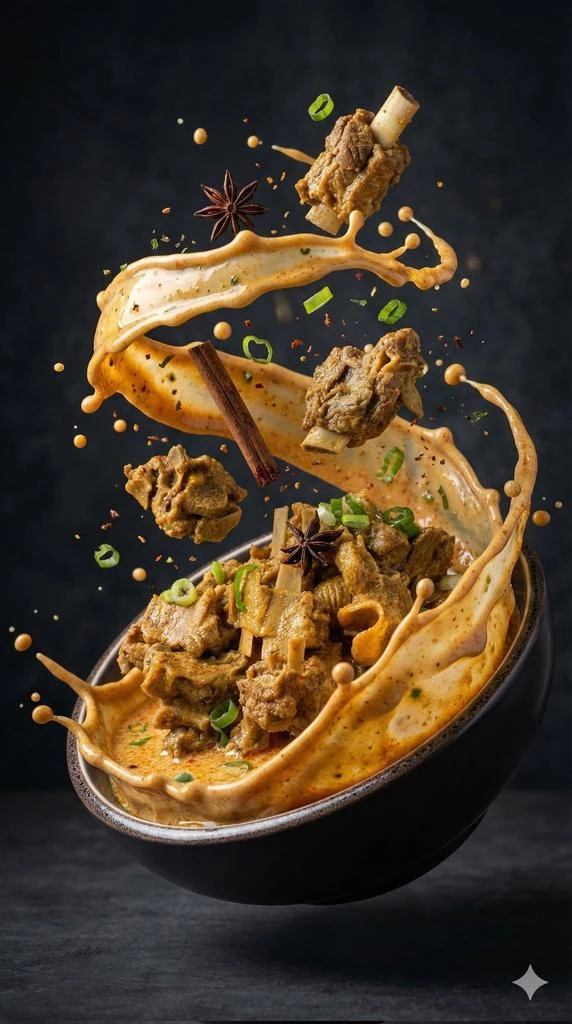 Ultra-realistic cinematic food photography of a bowl of rich spicy meat s...