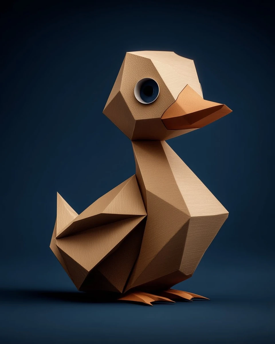 A minimalist low-poly origami duck sculpture made of folded cardboard, ge...