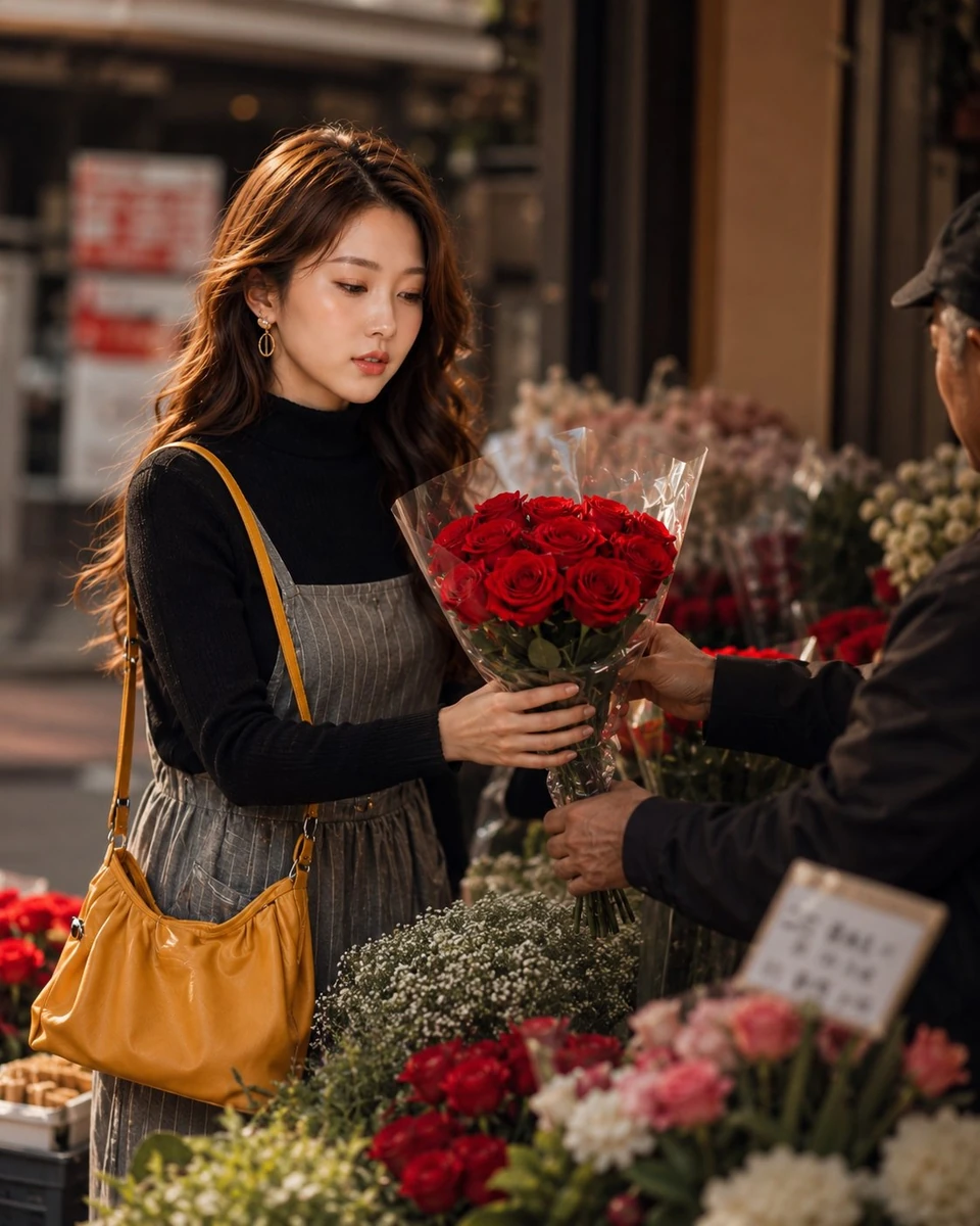 Ultra-realistic cinematic street photography of a beautiful young East As...