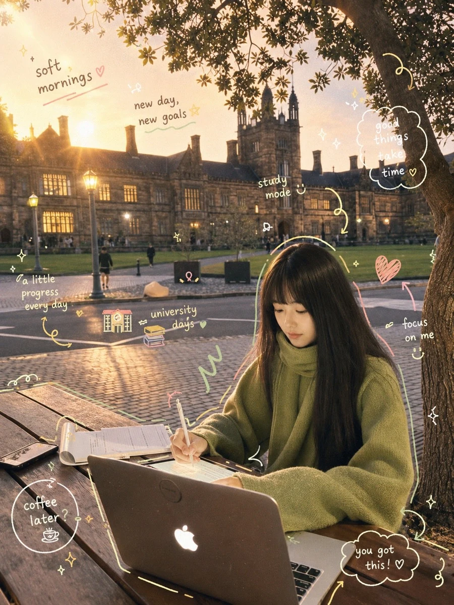Dreamy cinematic study aesthetic, young Asian girl with long dark hair st...