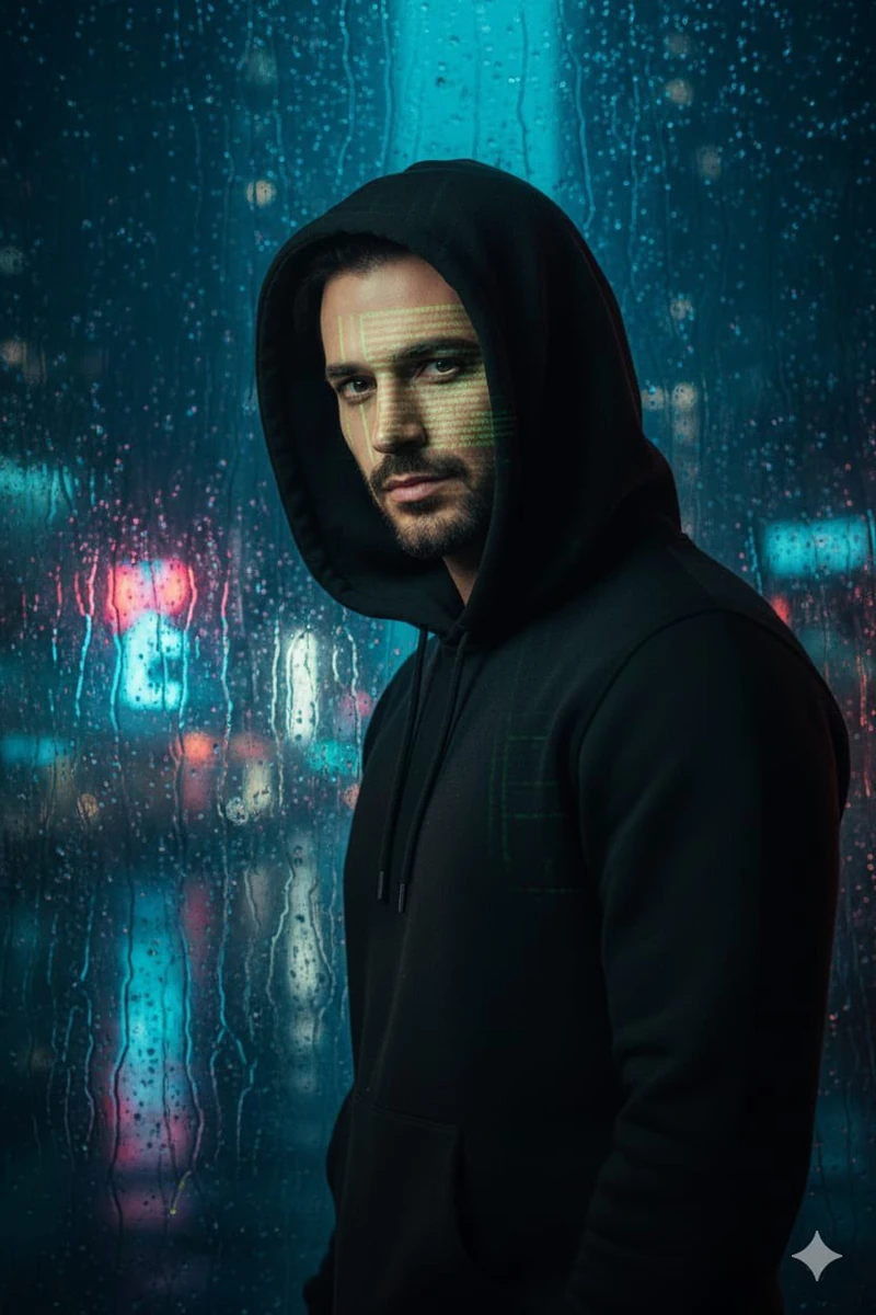 prompt": "High-quality cinematic portrait of a mysterious man in a dark h...