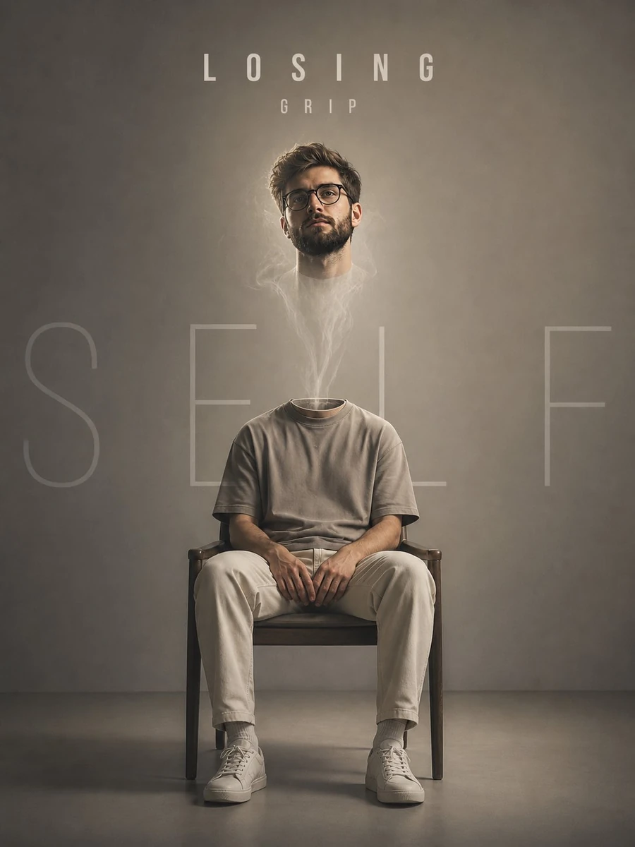 A seated man with his body grounded, but his head is floating slightly ab...