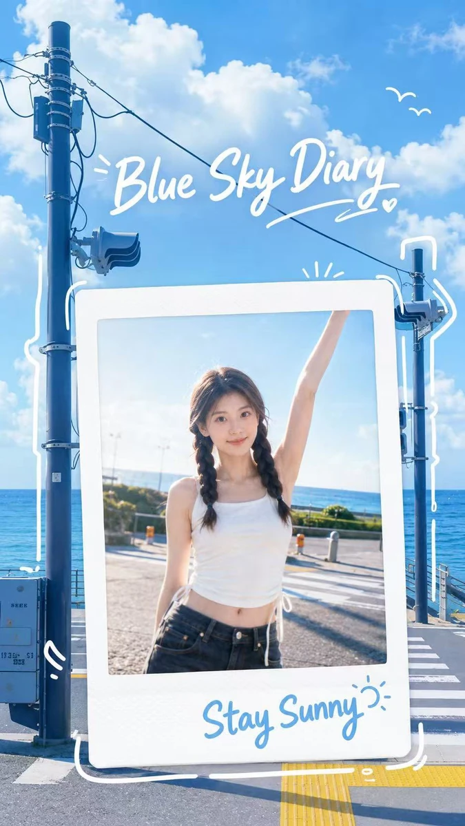 A summer seaside Polaroid-style portrait