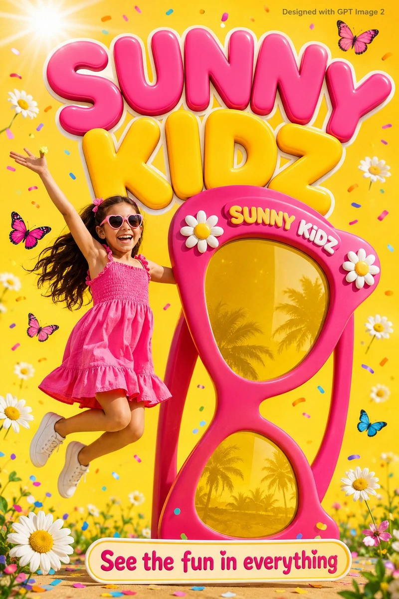 A fun colorful kids advertisement poster. An adorable young girl age 7 in...