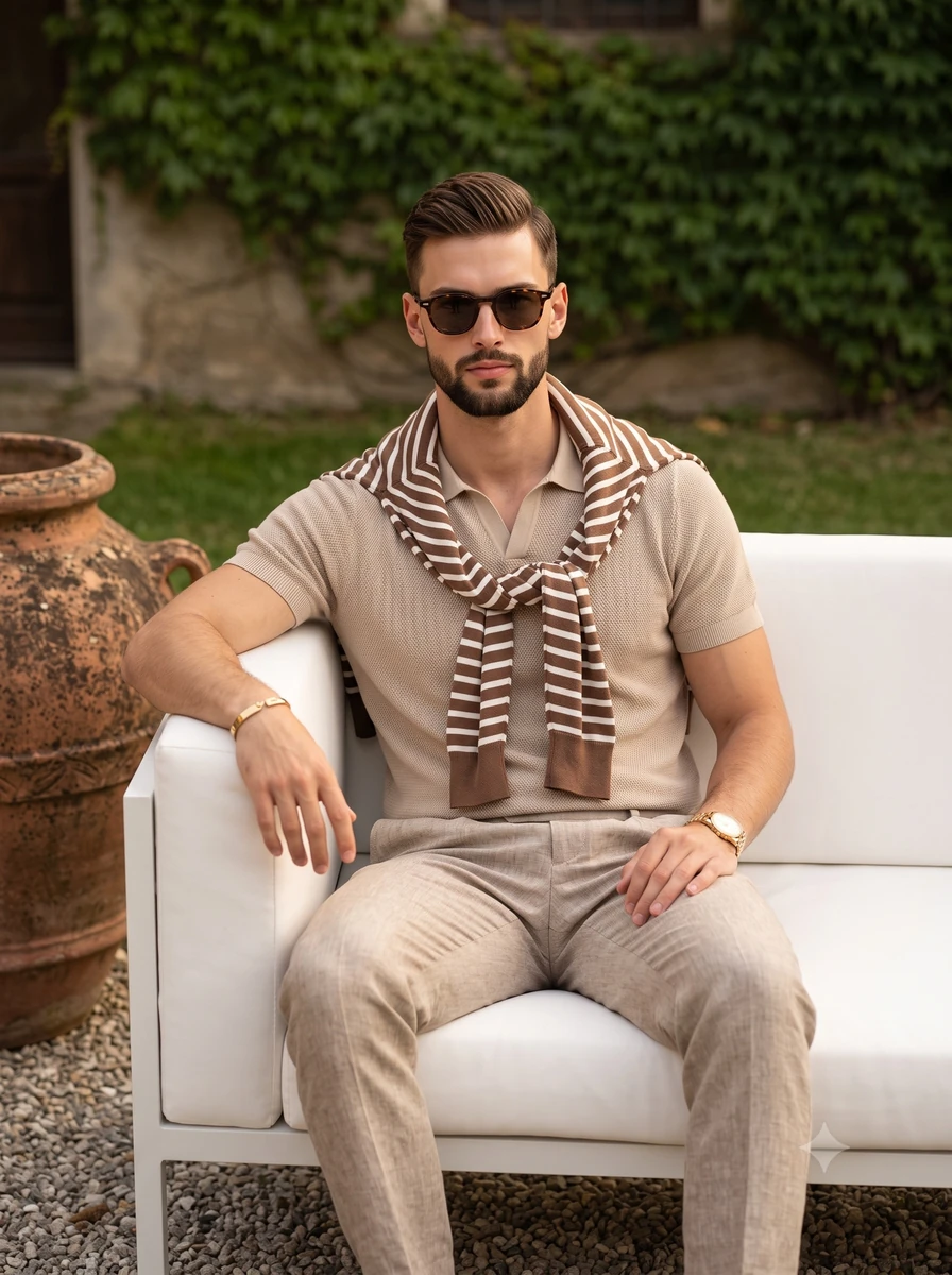 A confident young adult male sits squarely in the center of the frame, an...