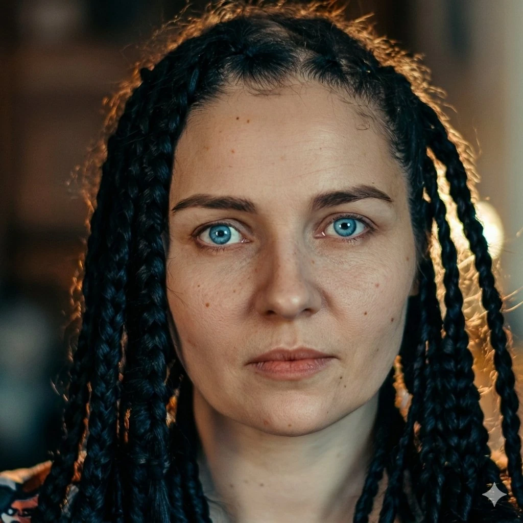 A close-up portrait of a young woman with striking blue eyes, fair skin d...