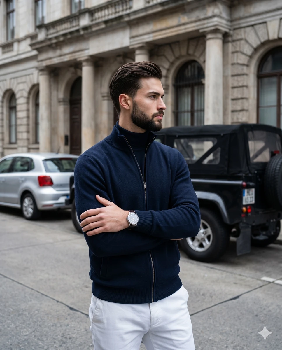 A young male model in his mid-20s stands centered in a deliberately posed...