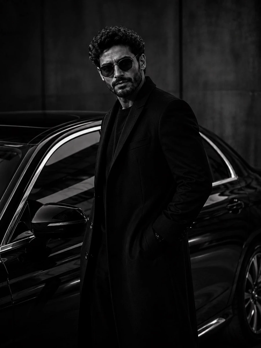 Ultra-luxury fashion editorial, monochrome black and white photography, c...