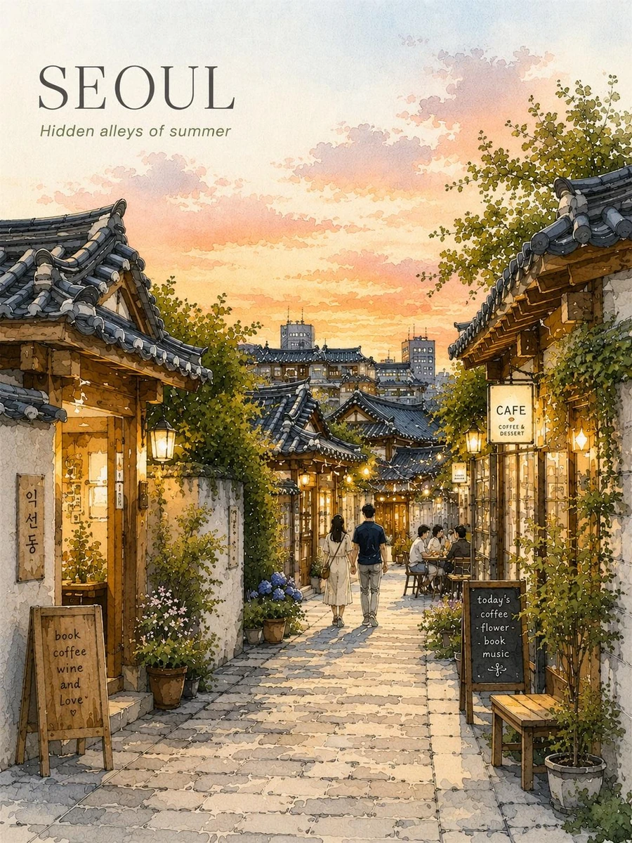 Charming Seoul travel poster in delicate watercolor and ink sketch style,...