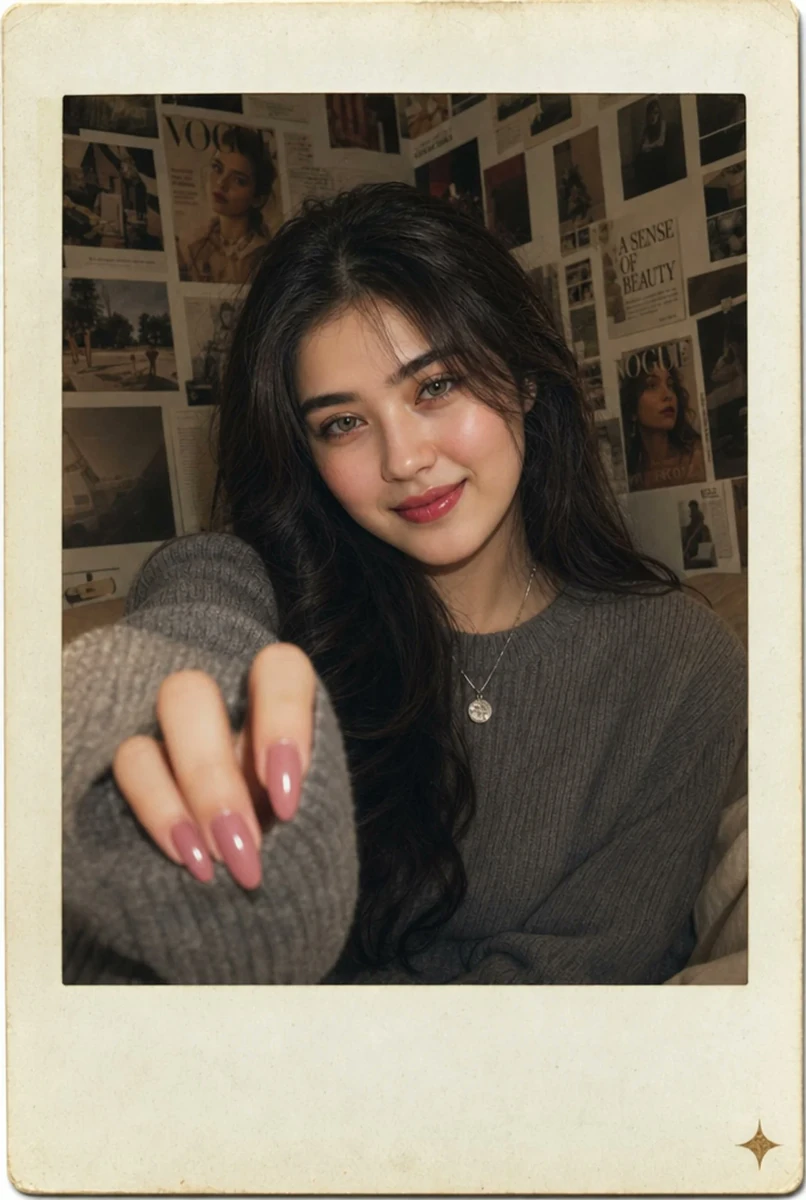 A young Asian woman with long wavy black hair and wispy curtain bangs, si...