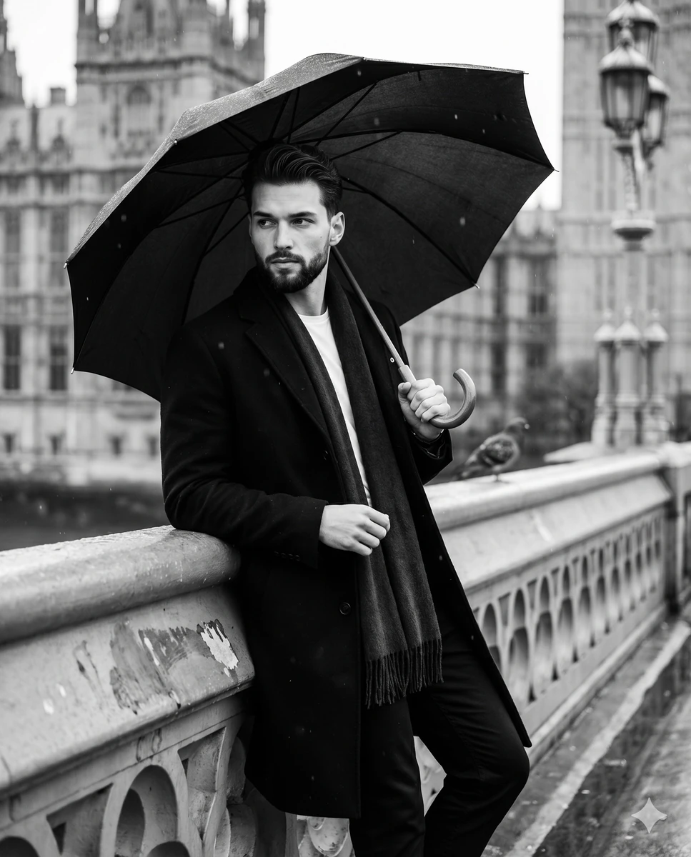 A handsome male subject stands center frame in a medium shot, leaning his...