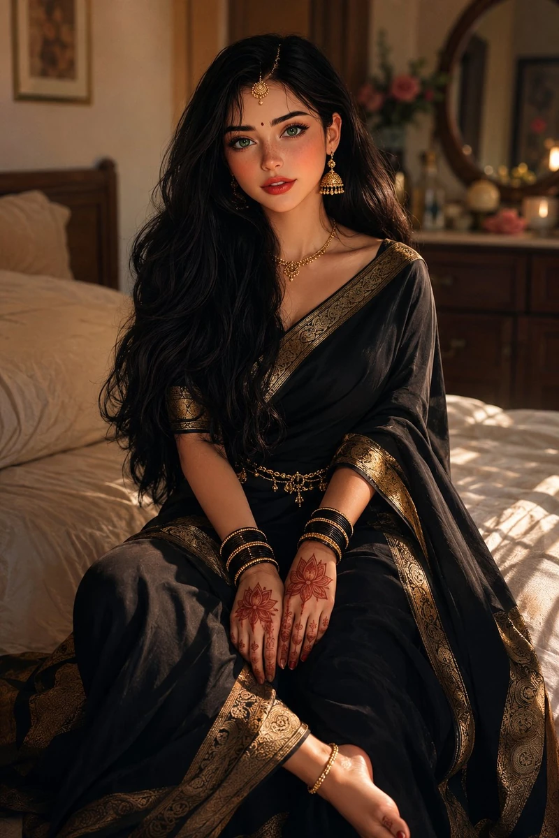 Ultra-realistic beautiful young Indian woman taking in a cozy aesthetic b...