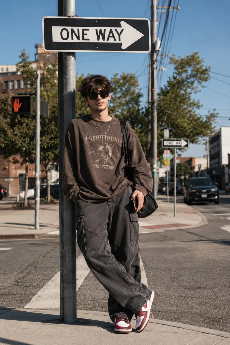 A cinematic street fashion editorial portrait of a stylish young man stan...