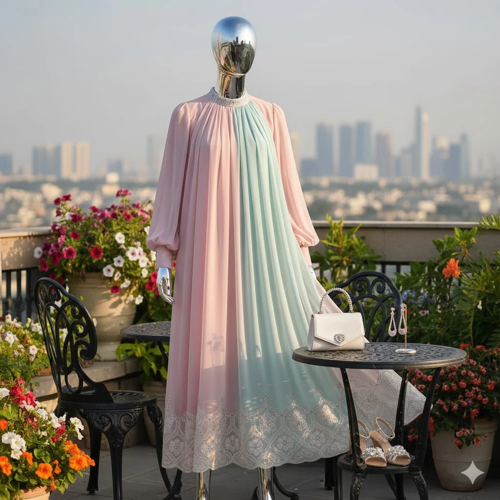 A modern modest dress displayed on a mannequin, featuring soft flowing ch...