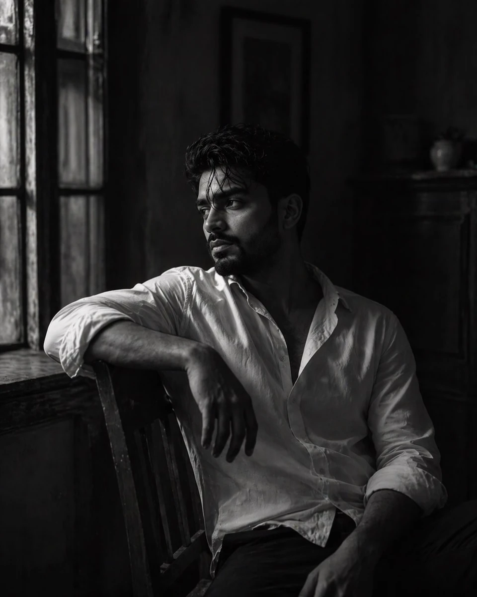 - A cinematic, black-and-white portrait of a young man sitting on a woode...