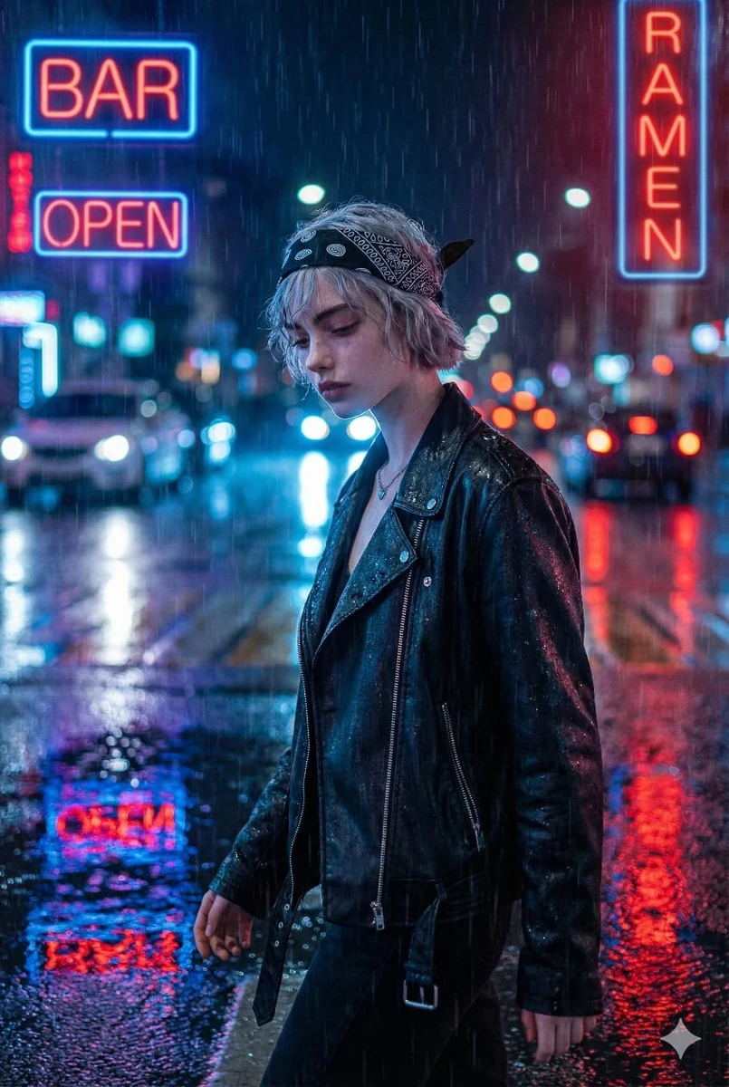 A person walking through a rainy street at night, neon signs reflecting o...