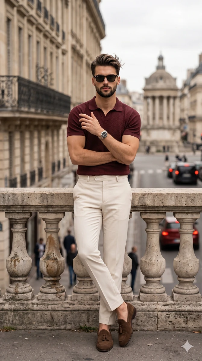 An athletic male model stands center frame in sophisticated smart-casual...