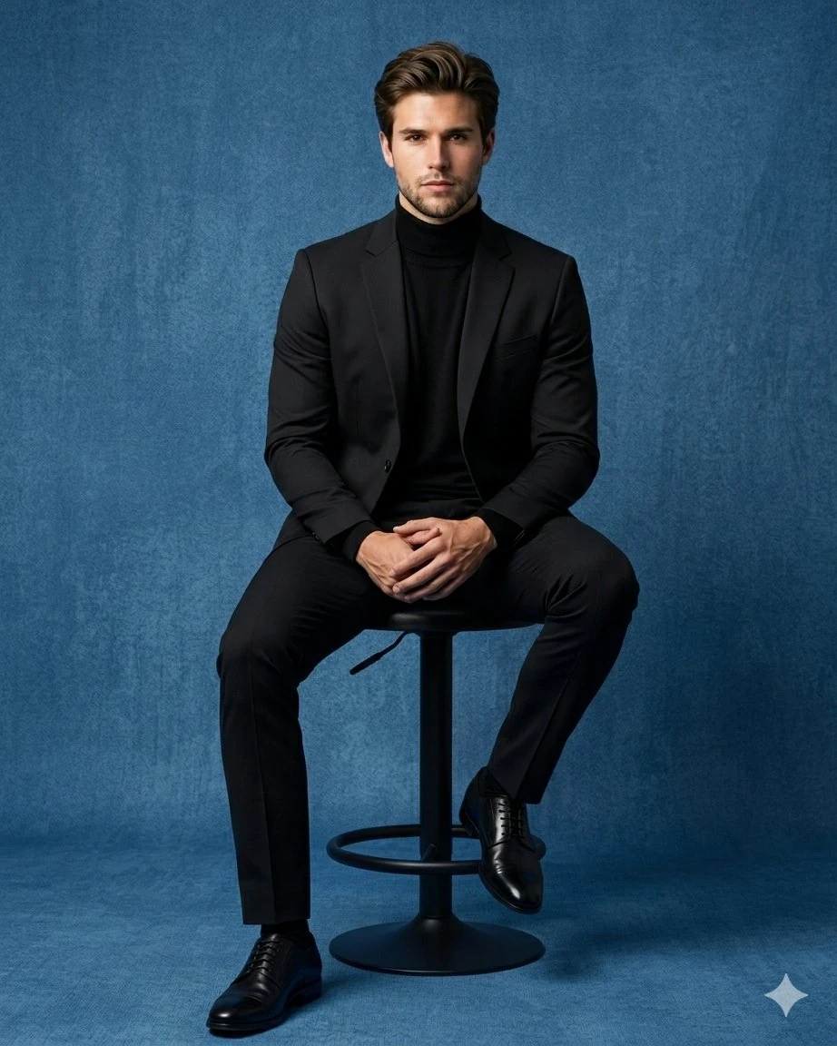 Hyper-realistic luxury studio full-body portrait of a confident young man...