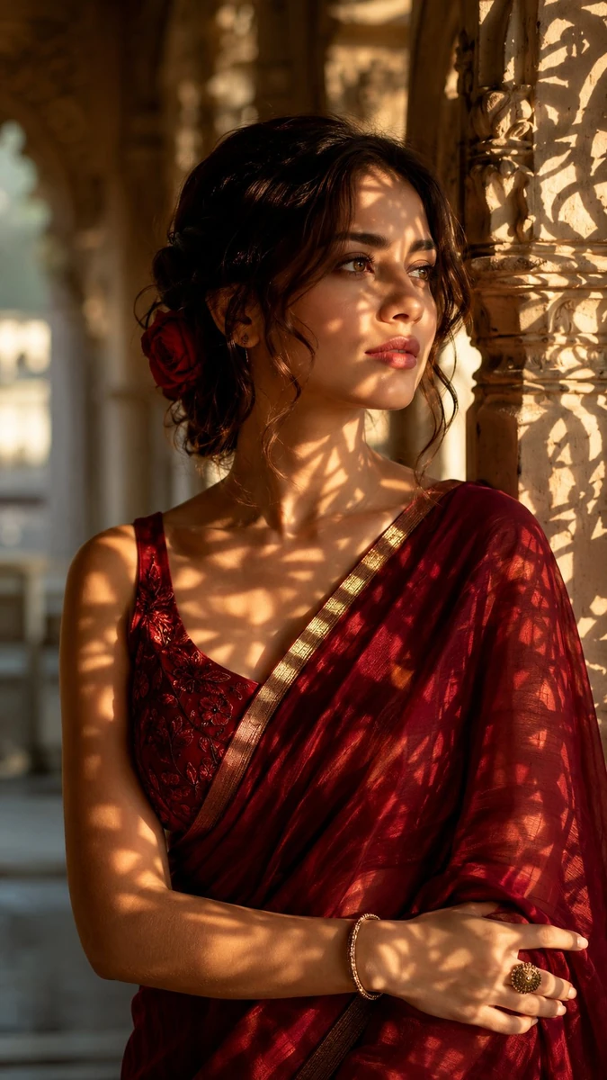 Ultra realistic cinematic portrait of a beautiful young woman wearing a r...