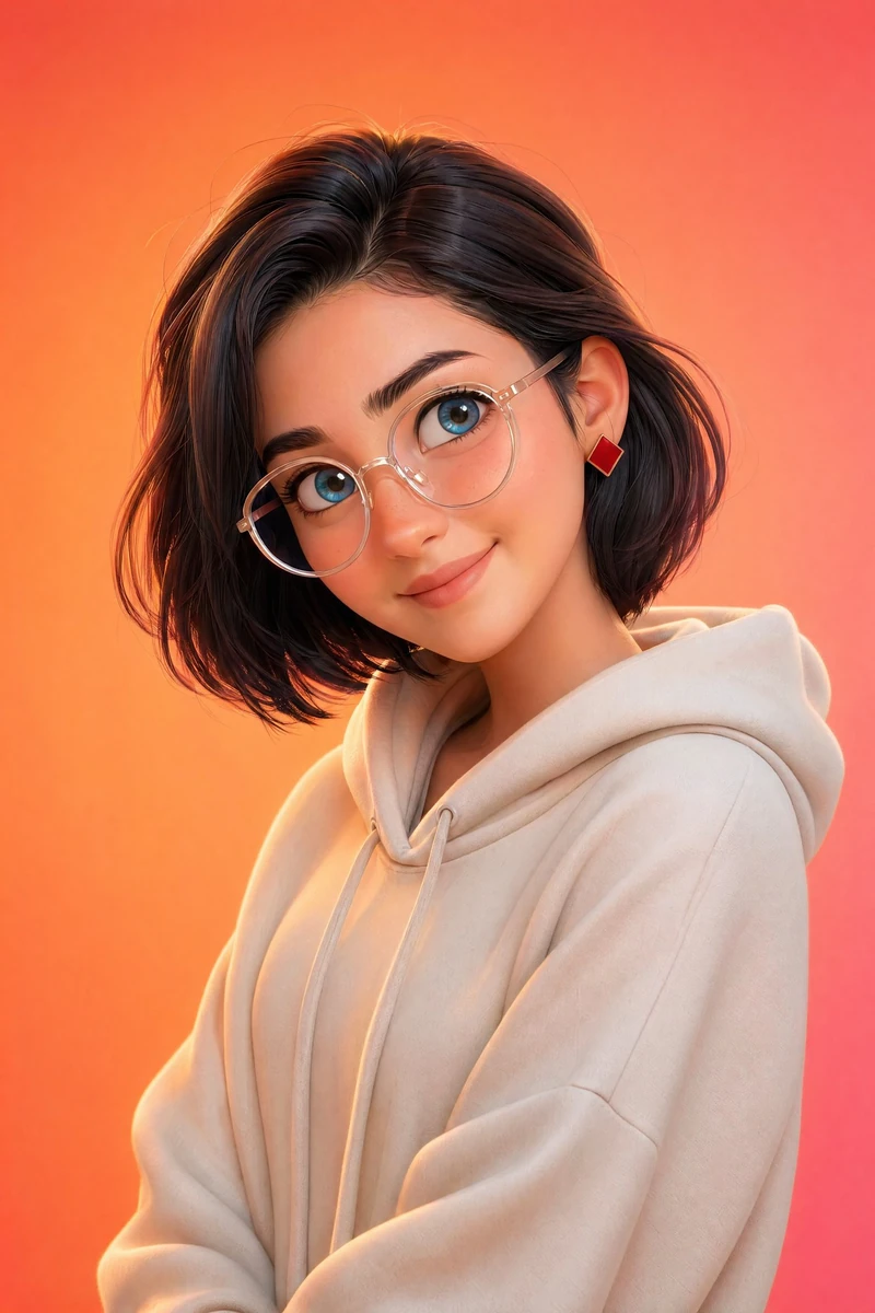 A stylized Pixar-style 3D portrait of a young person with smooth skin, la...