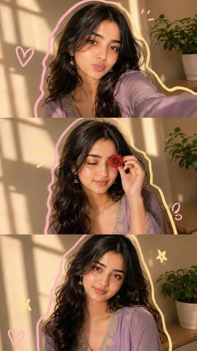 Ultra-realistic aesthetic 3-frame portrait collage of a beautiful young w...