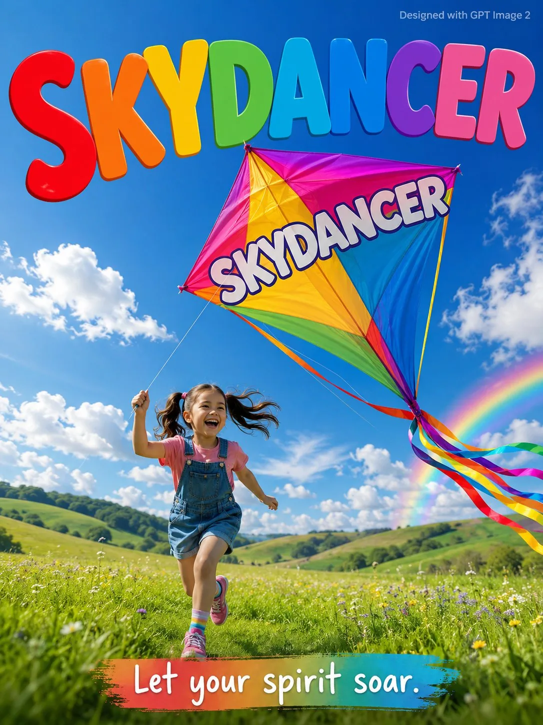 A joyful outdoor kids advertisement poster. A laughing young girl age 8 w...