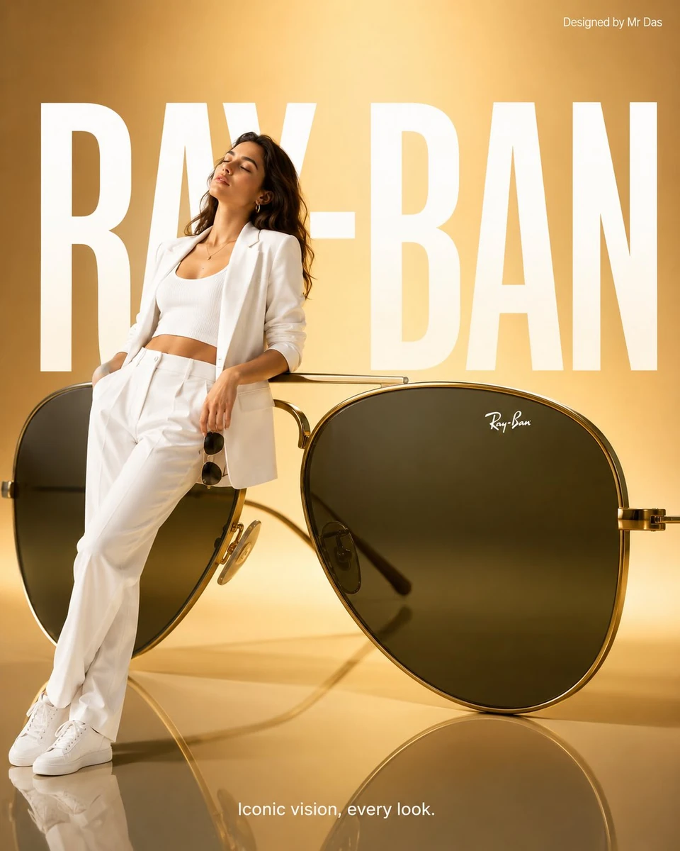 Minimalist commercial ad featuring oversized Ray-Ban Aviator sunglasses,...