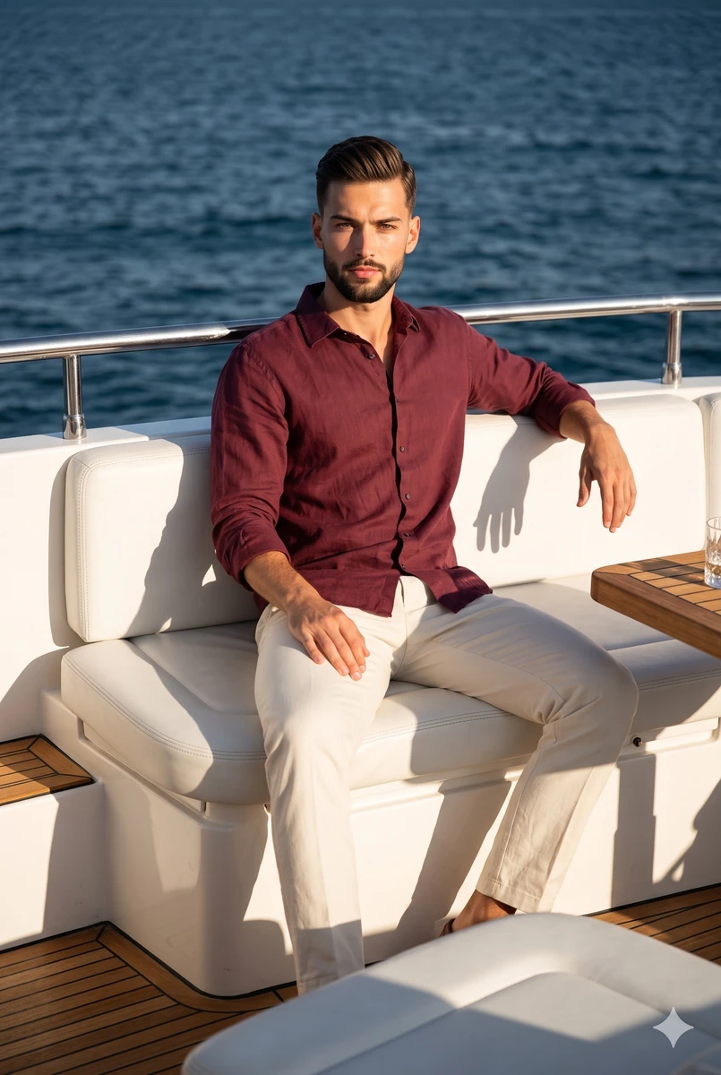 A confident young man sits squarely facing the camera in a relaxed postur...