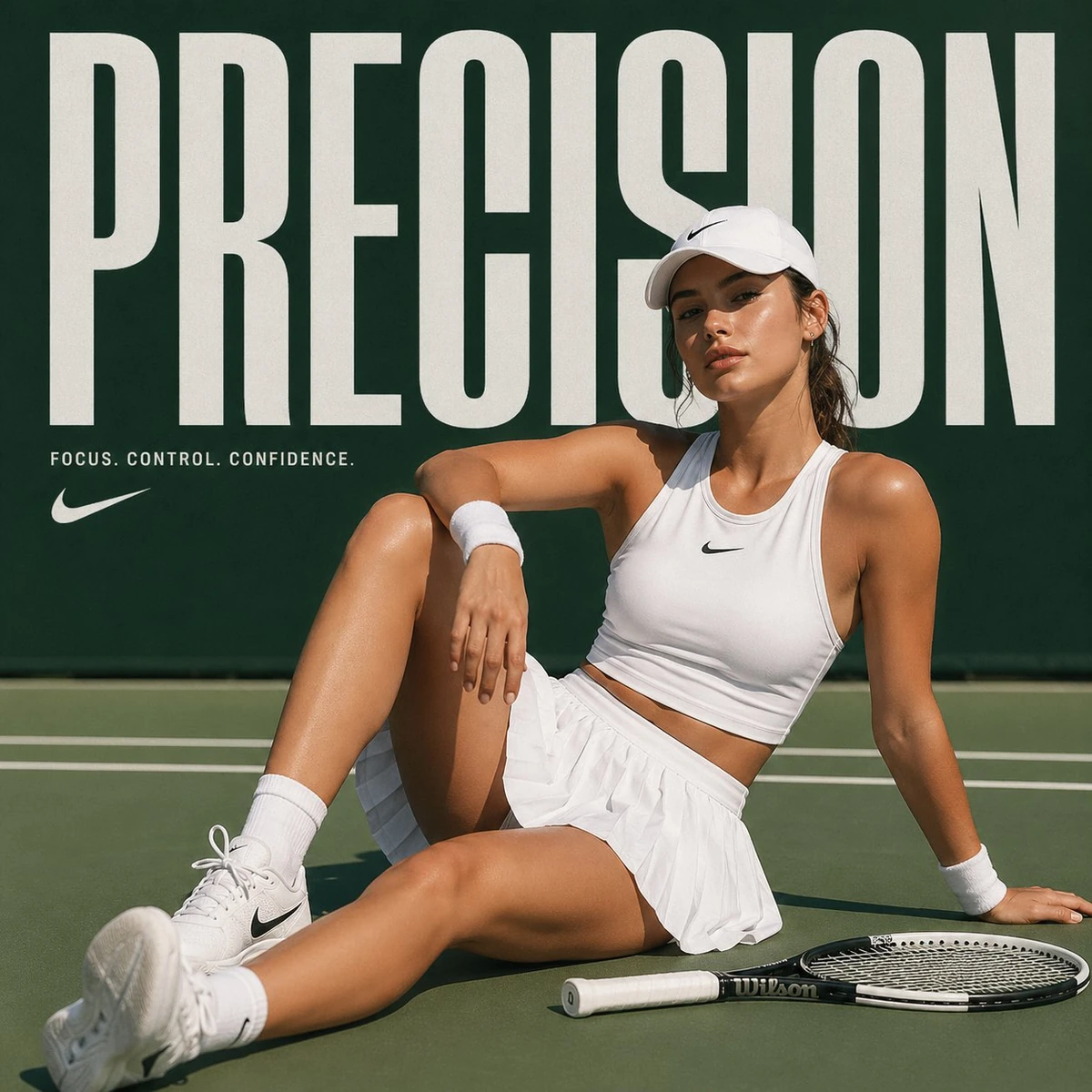 High-fashion sports editorial campaign, female tennis athlete in crisp wh...