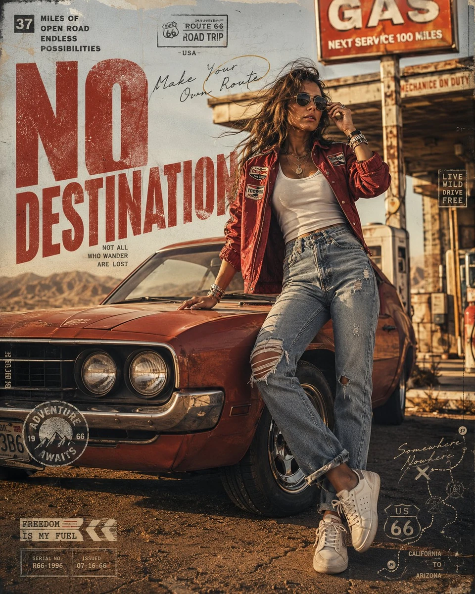 A bold, high-fashion editorial campaign blending retro Americana aestheti...