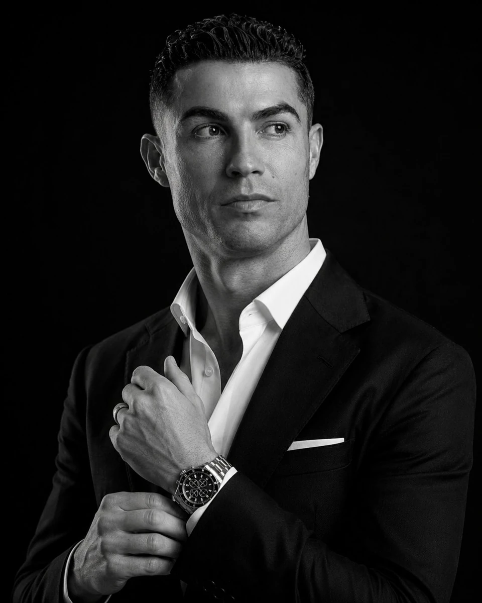 A high-end 8K cinematic black-and-white portrait of a man in a sharp, pro...