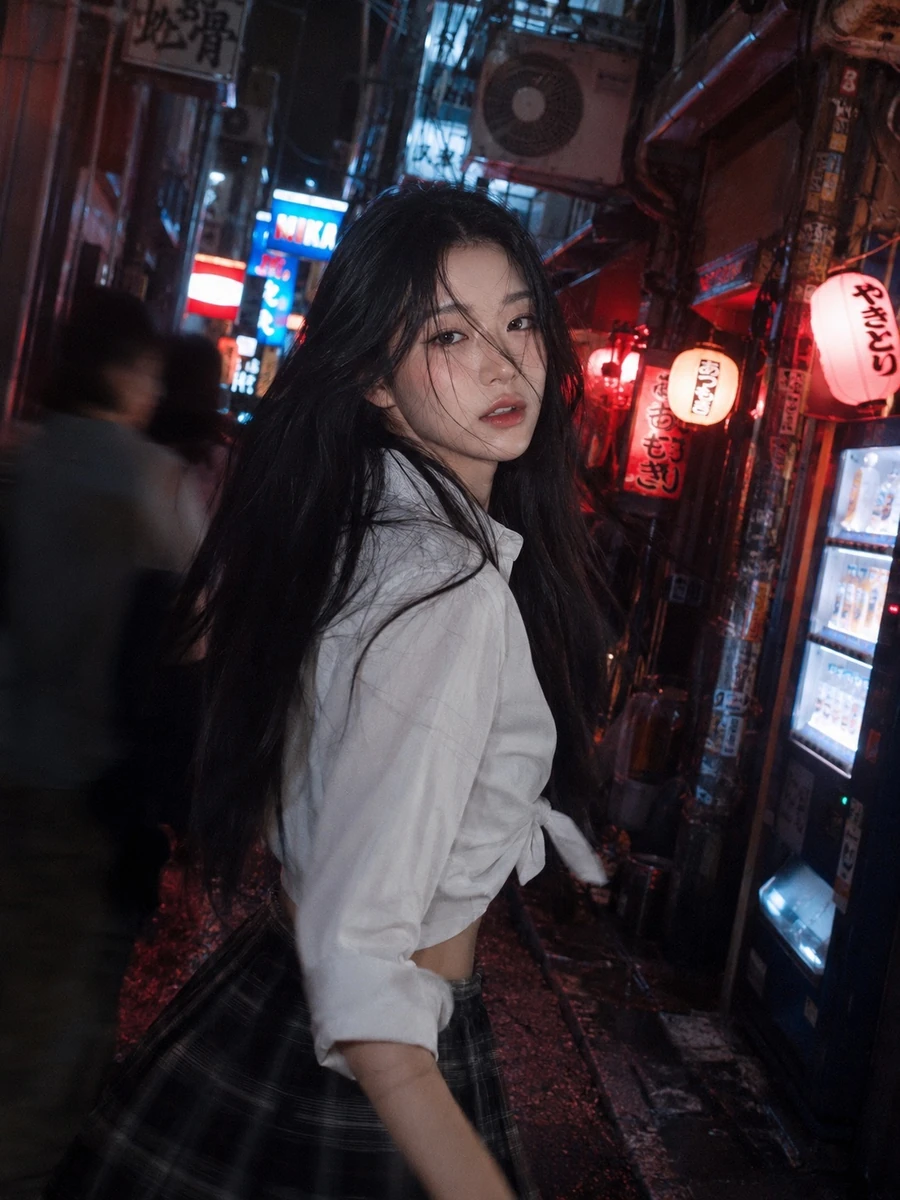A high-grain, emotionally charged snapshot captured in a **narrow Tokyo b...