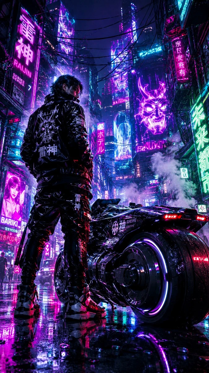 A lone cyberpunk street racer standing beside a sleek black hoverbike in...