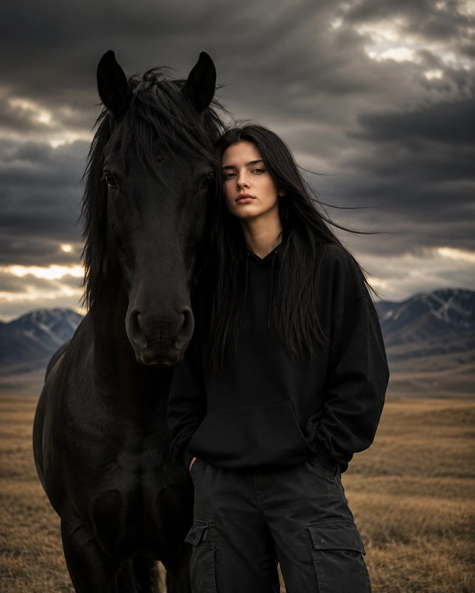 A cinematic editorial portrait of a mysterious young woman with long stra...