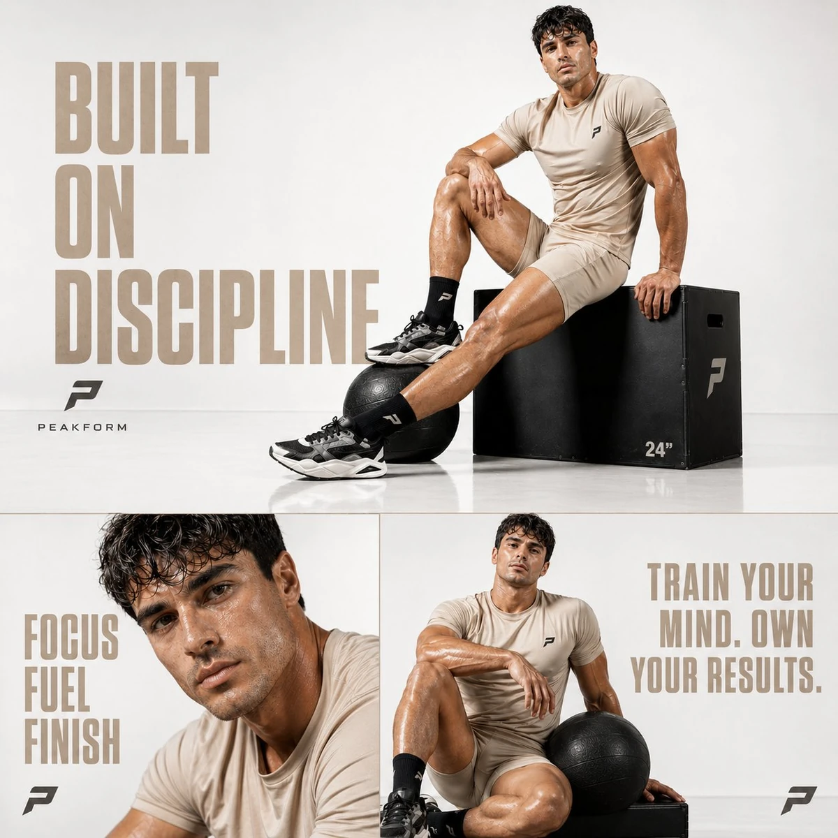 Cinematic luxury fitness editorial, ultra-clean white studio background w...