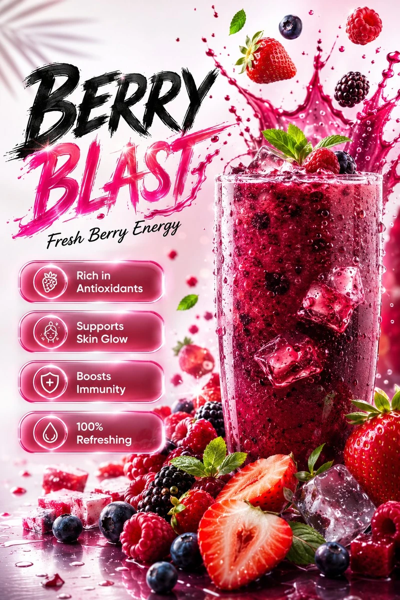 Ultra-realistic premium mixed berry beverage advertisement poster design,...