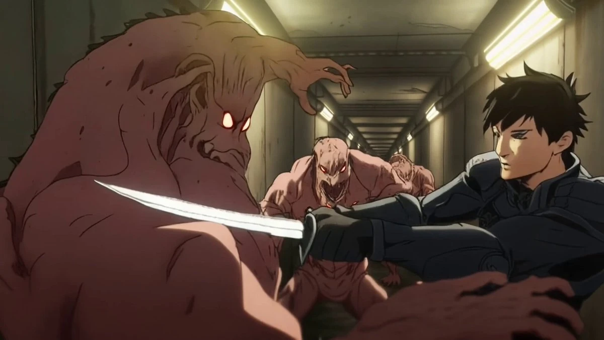 Chaotic anime corridor fight, narrow space overrun with grotesque creatur...