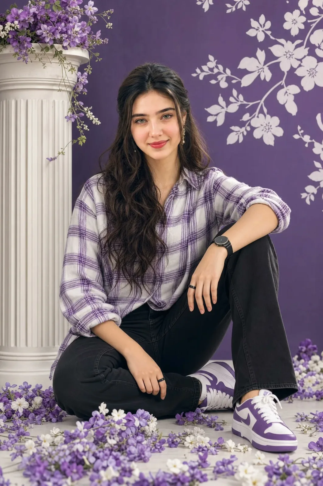A high-quality studio portrait of a young woman with stylishly voluminous...