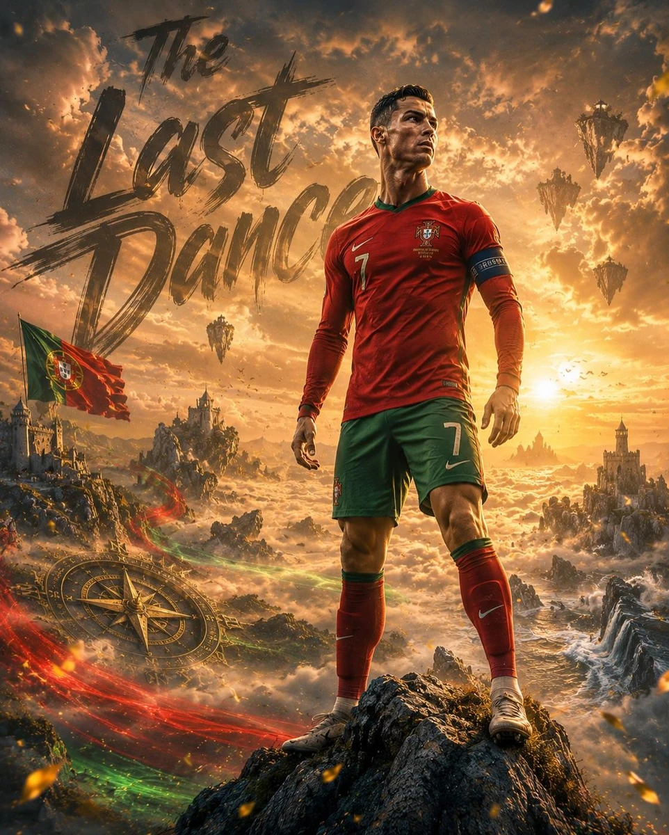 A cinematic fantasy sports poster featuring a legendary football supersta...