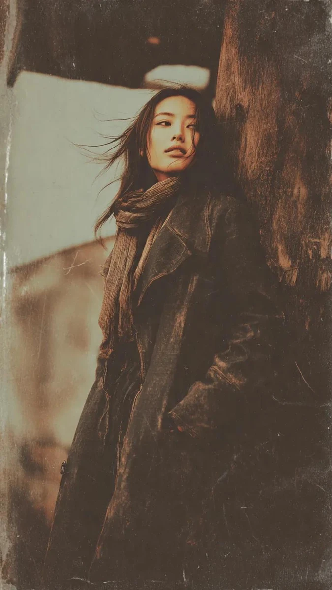 A gritty, classic portrait of a beautiful Japanese woman standing under s...