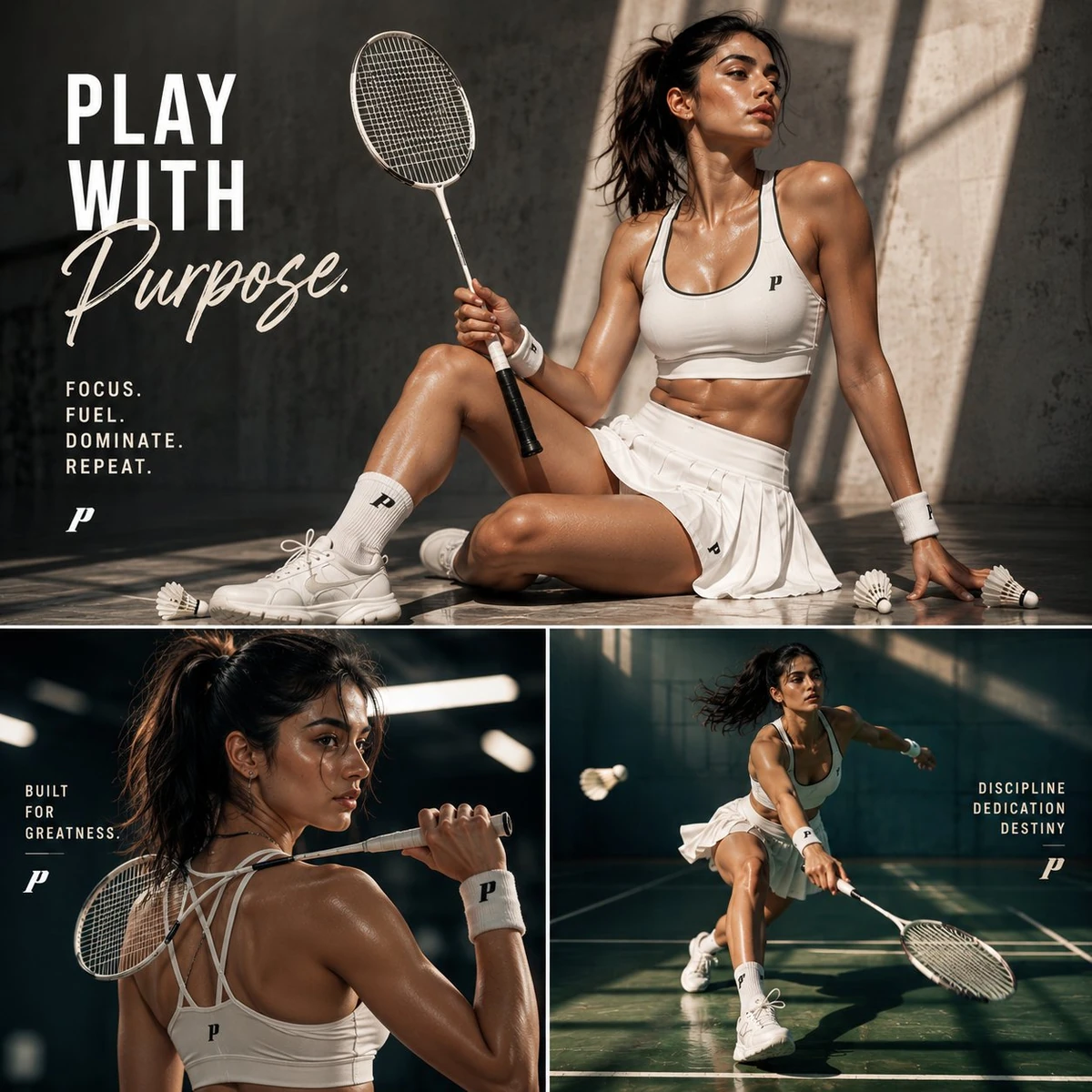 Ultra-premium badminton editorial poster collage featuring a powerful fem...